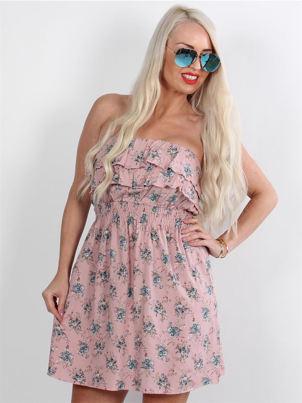 Elvire - Marineblå blomstret top med elastik udskæring og flæse